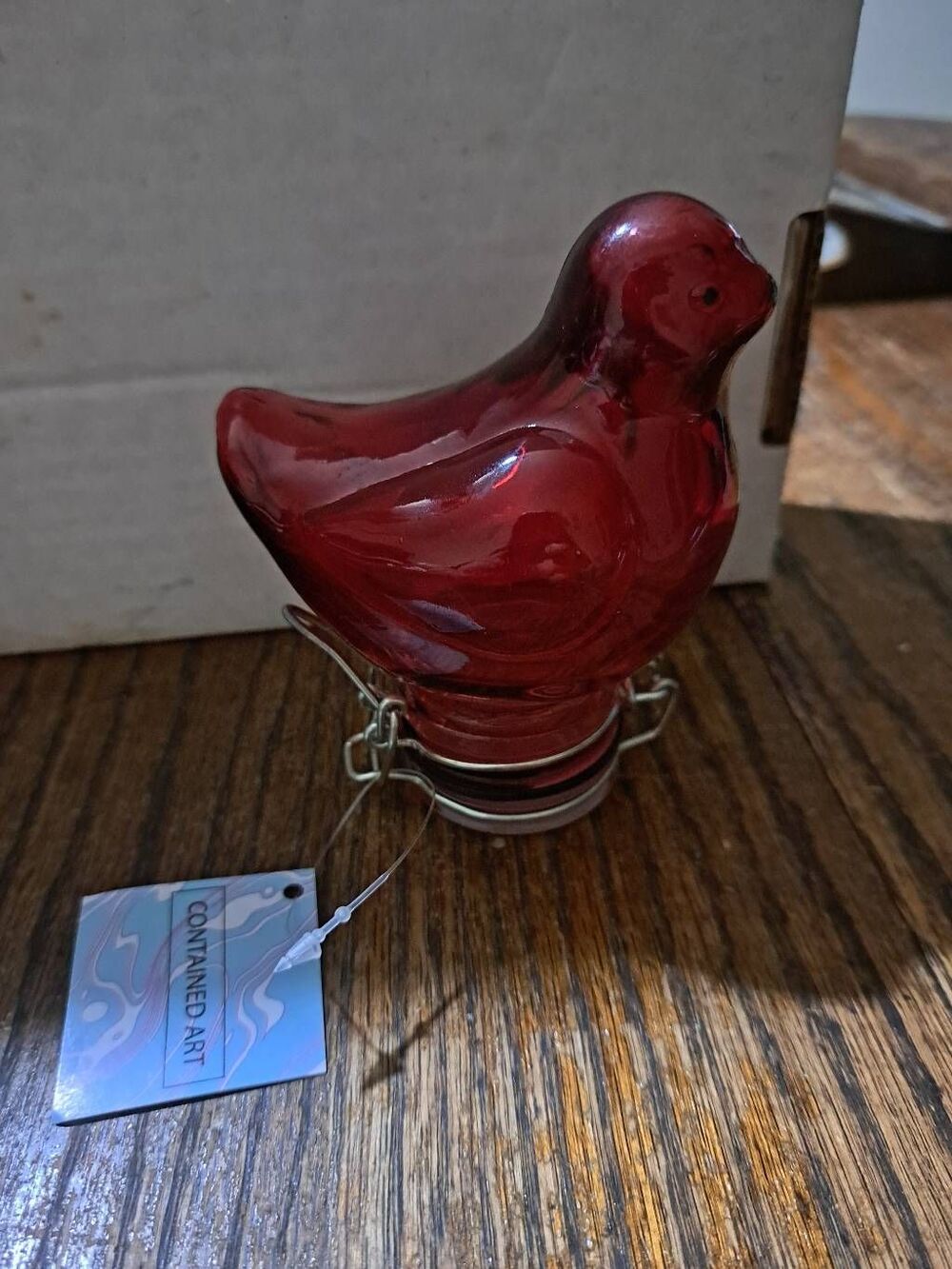 New Contained Art Red Bird Air Tight Container Art Glass Stash Box